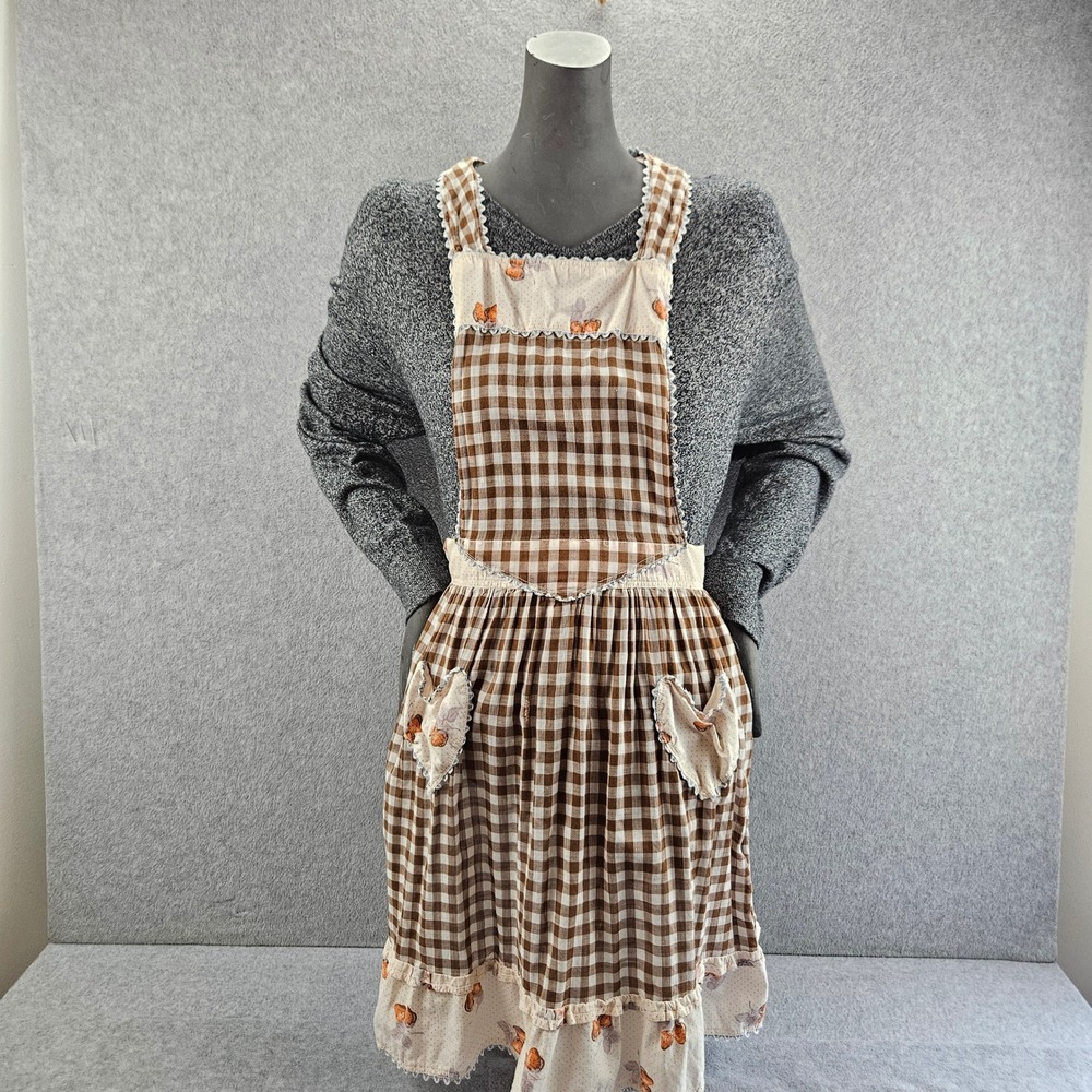 Vintage Apron Women OS Brown Gingham Strawberry Ruffle Lace Cottagecore Retro